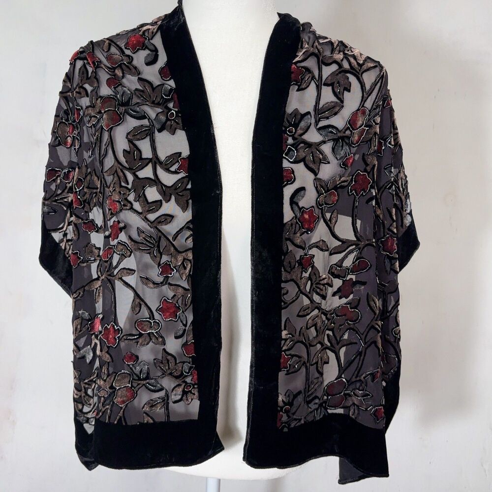 VTG 90s Burnout Velvet Scarf Floral Red Roses Sheer Panel Beaded Whimsygoth